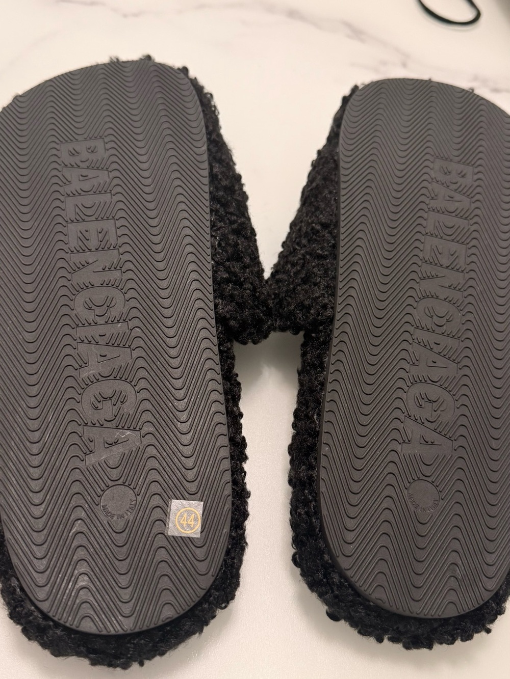Balenciaga Black Sherpa Slide Sandals with Red & White Logo Stripe - Picture 7 of 7